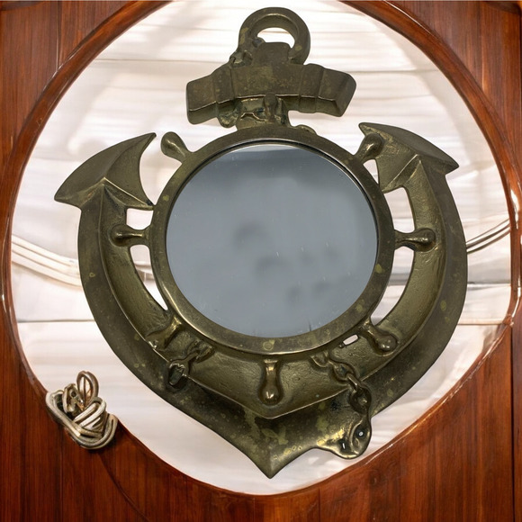 Vintage Brass Anchor Mirror Nautical Wall Hanging Accent Beach Coastal Decor